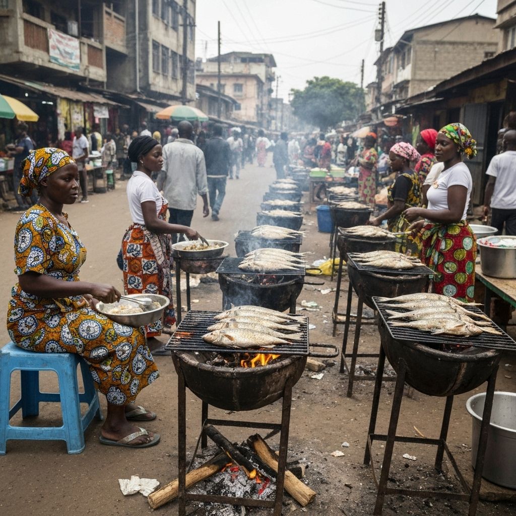 Women food vendors cooking fish on jikos in Nairobi street